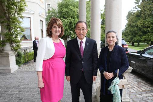 United Nations Secretary General Ban Ki Moon with his wife, Yoo Soon-taek, and the Tánaiste Joan Burton, at Farmleigh House in 2015. Maxwell Photography.