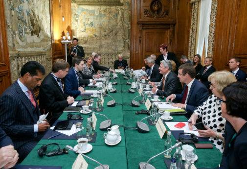 The President of the Federal Republic of Germany H.E. Mr Joachim Gauck Meeting with Simon Harris TD in Farmleigh House on the second day of their State Visit to Ireland in July 2015. Maxwell Photography.