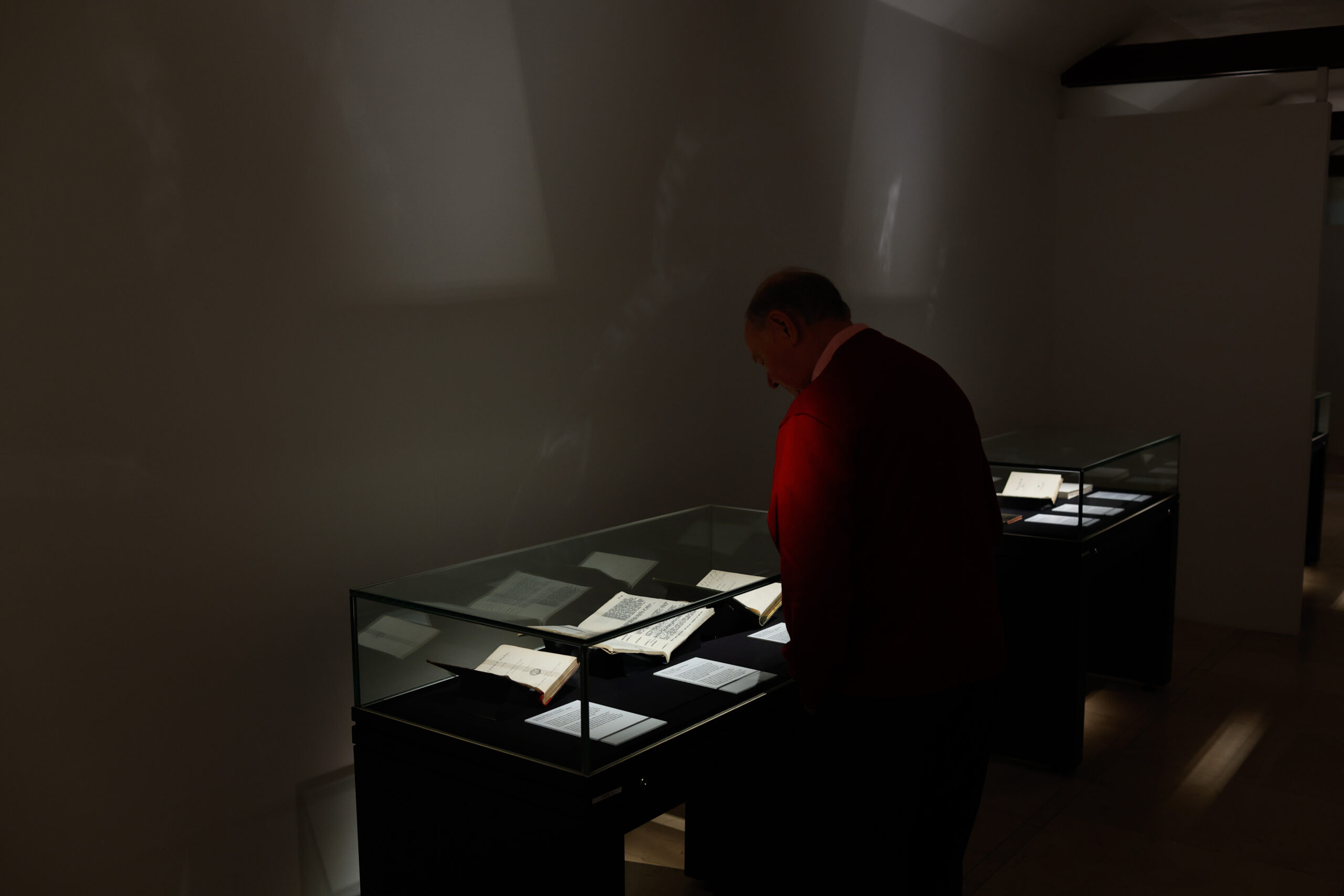 Man in red jumper browsing book display in spot lit cabinet