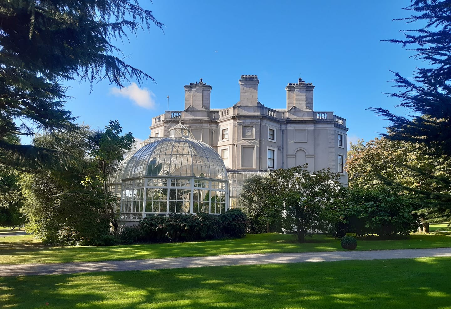 View of Edward Cecil Guinness' conservatory and plants with dappled light on sunny day