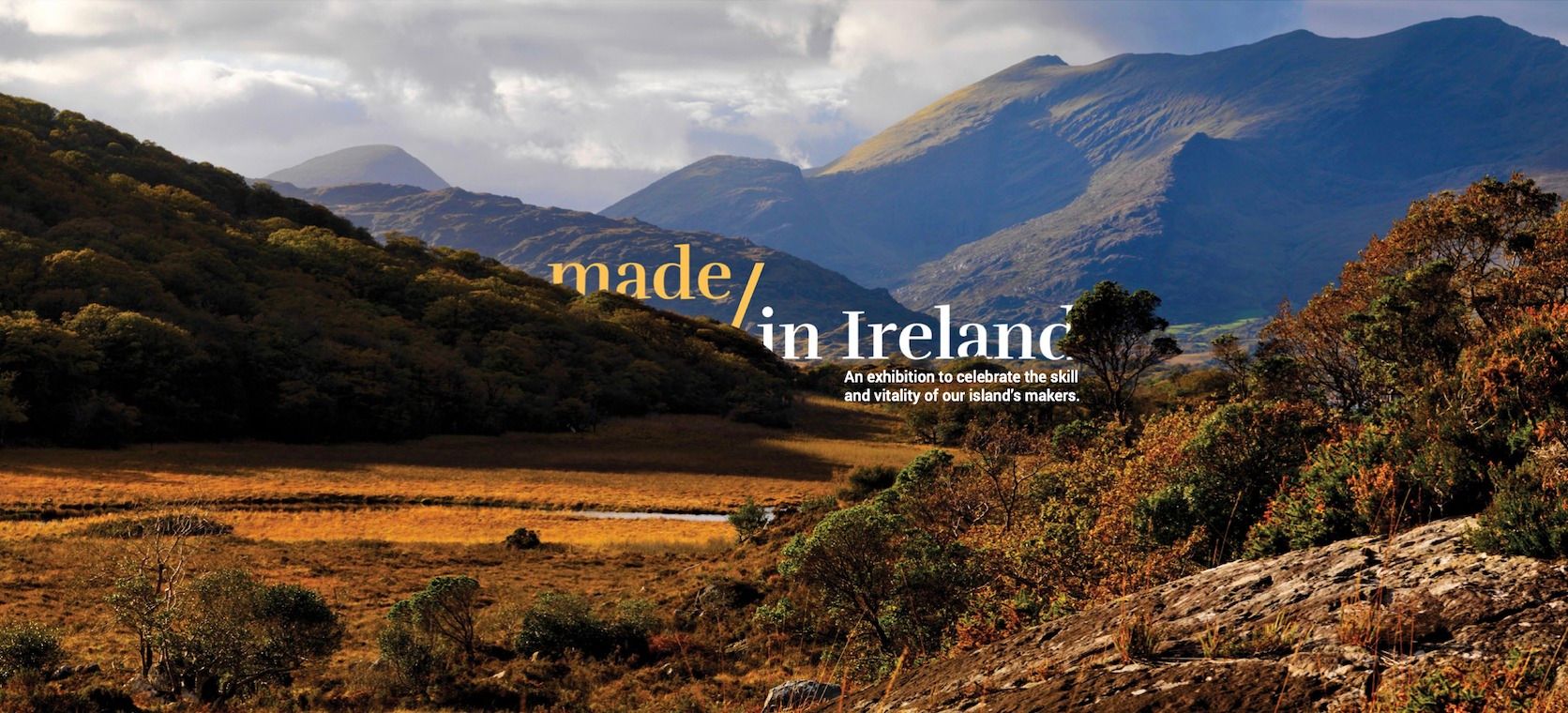 Mountainous landscape with words "Made In Ireland" in yellow and white