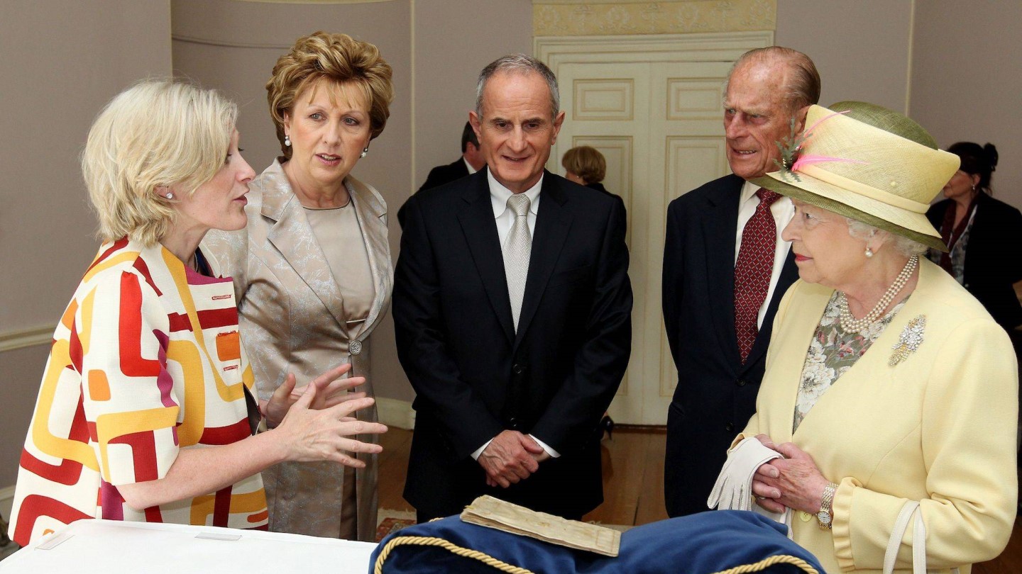 Mary Heffernan, General Manager at Farmleigh, with President of Ireland, Mary McAleese, her husband Martin McAleese, Prince Philip, Duke of Edinburgh, and Queen Elizabeth II, at Farmleigh in 2011. Maxwell Photography.