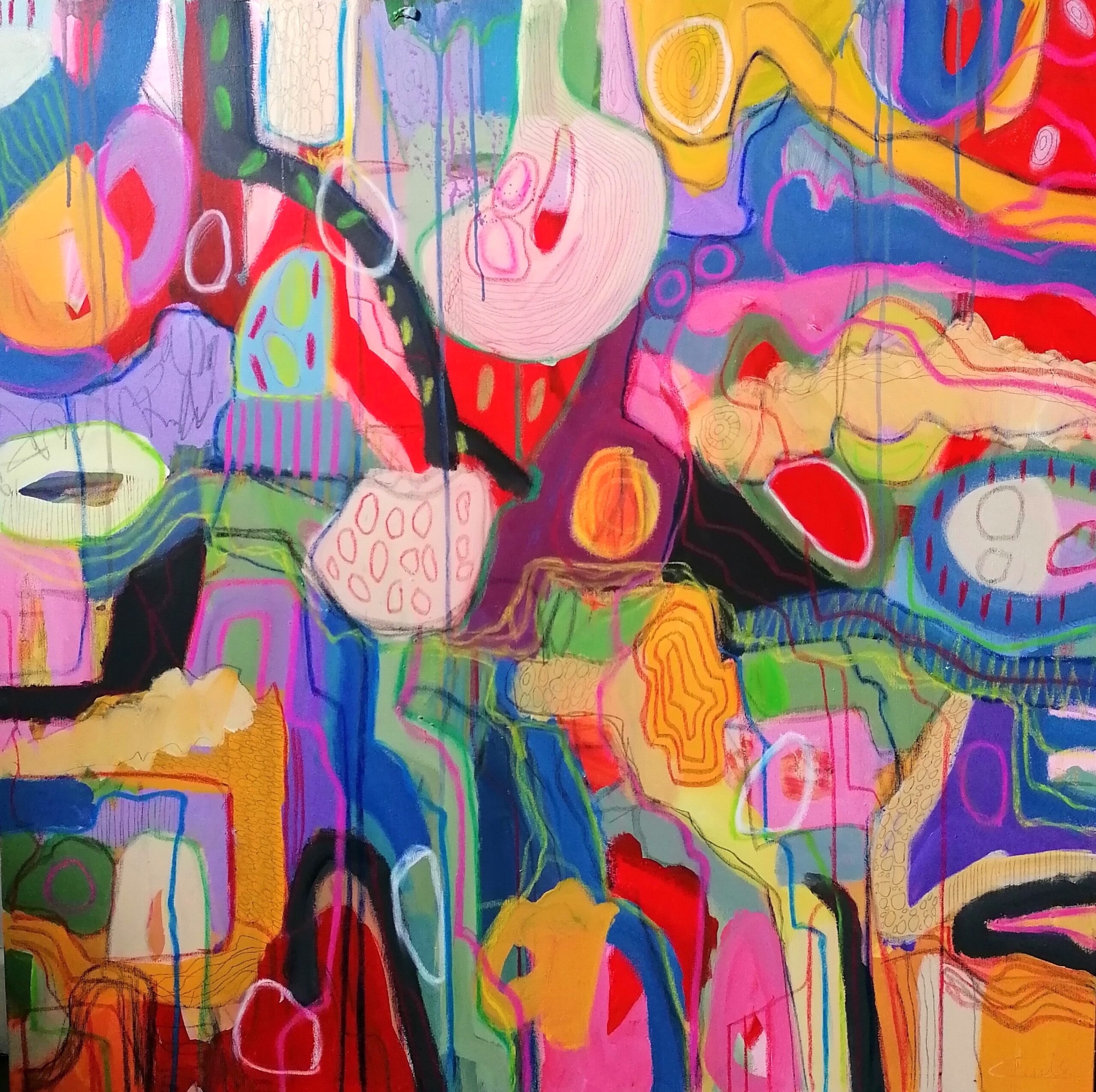 Colourful abstract painting by Ciara Tuite titled 'We Played with coloured Plastic'