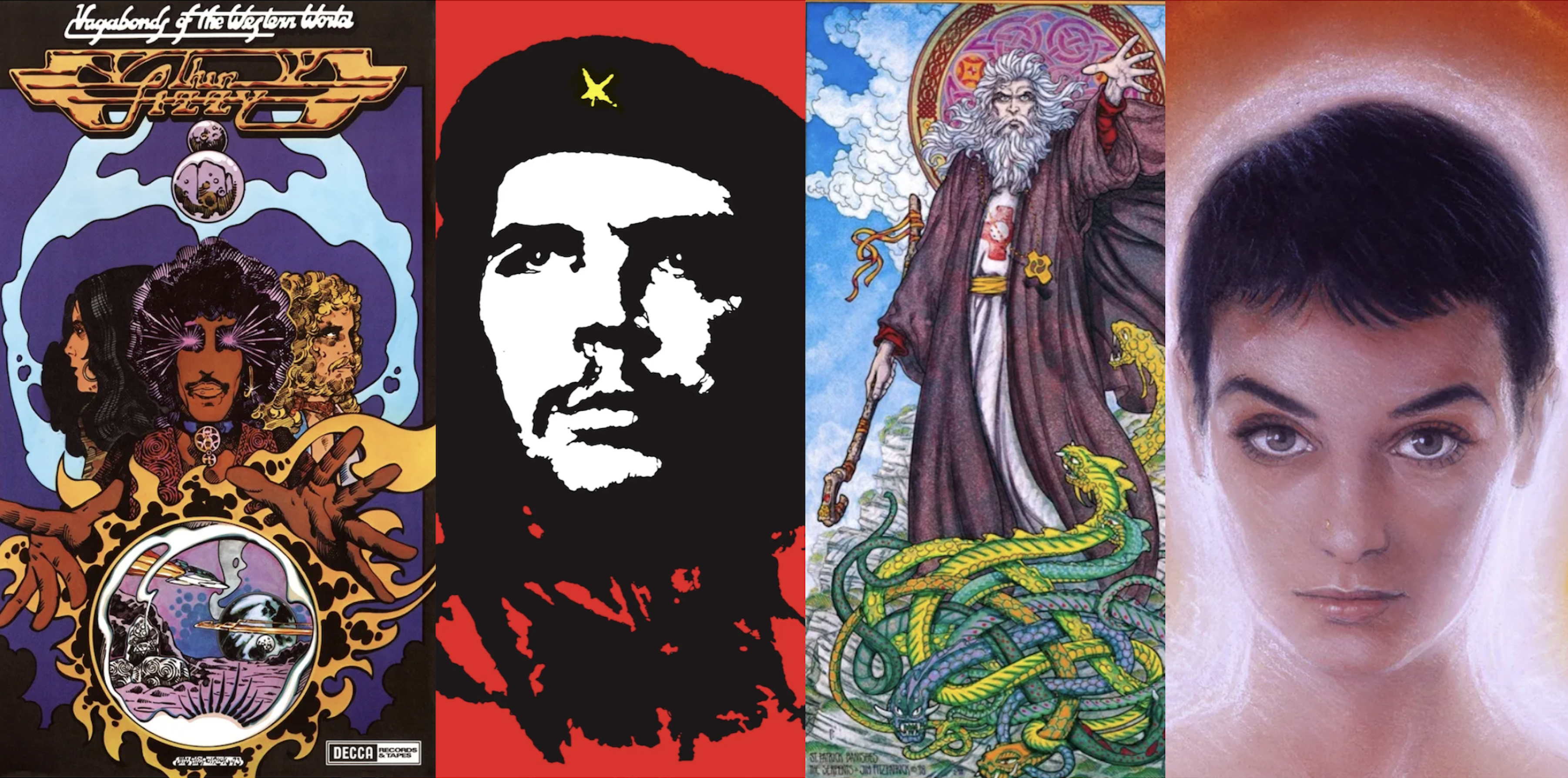 4 images of different illustrations - Thin Lizzy, Che Guevara, St Patrick and a woman's face