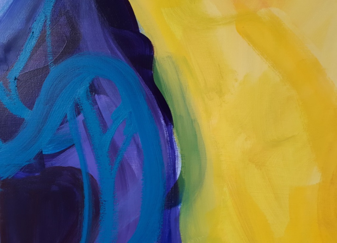 Painted image, abstract blues on the left and yellows on the right