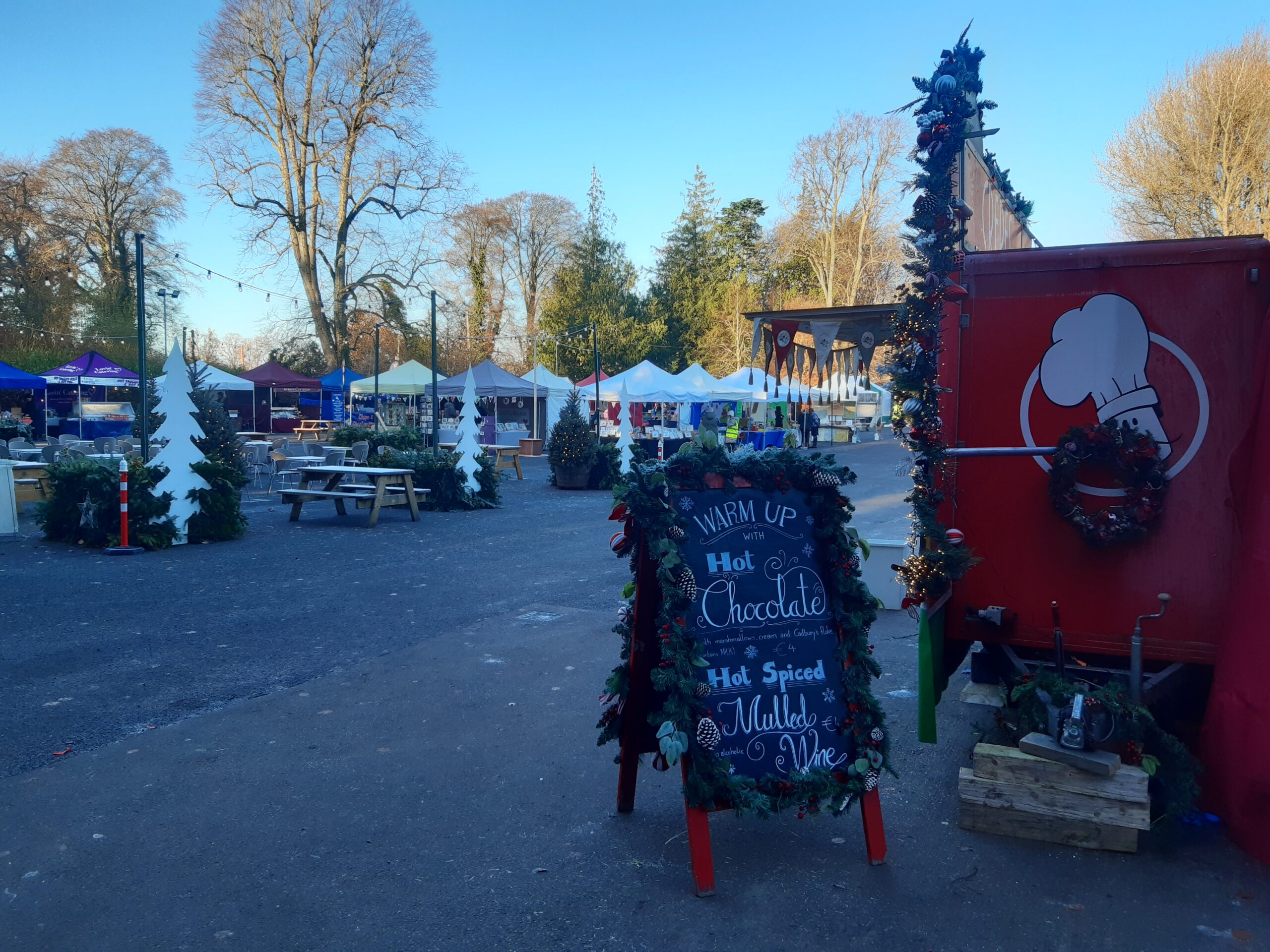 Christmas market stalls on a frosty morning