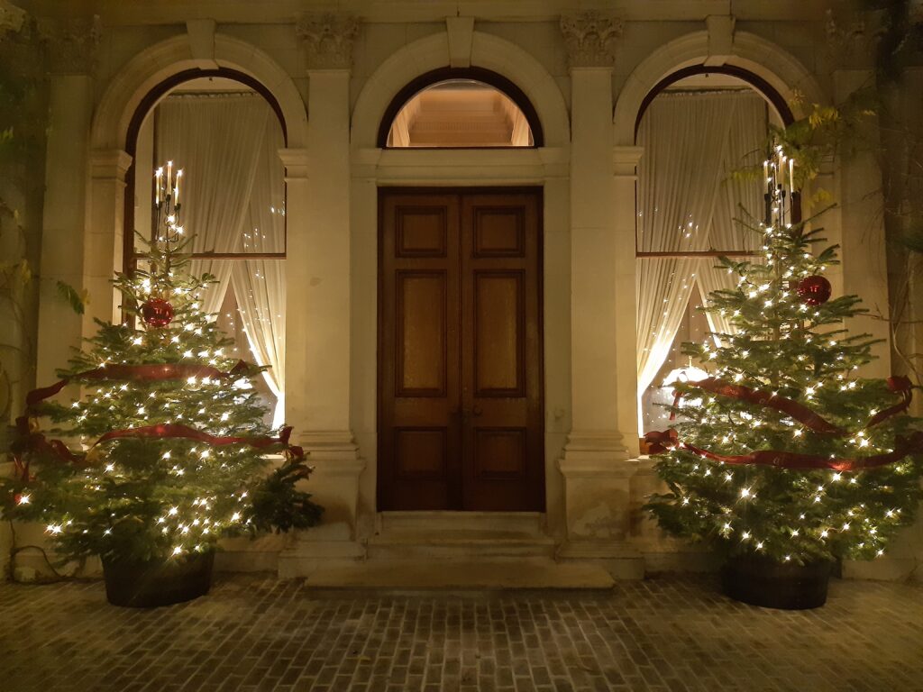 Christmas trees at the front door of Farmleigh House