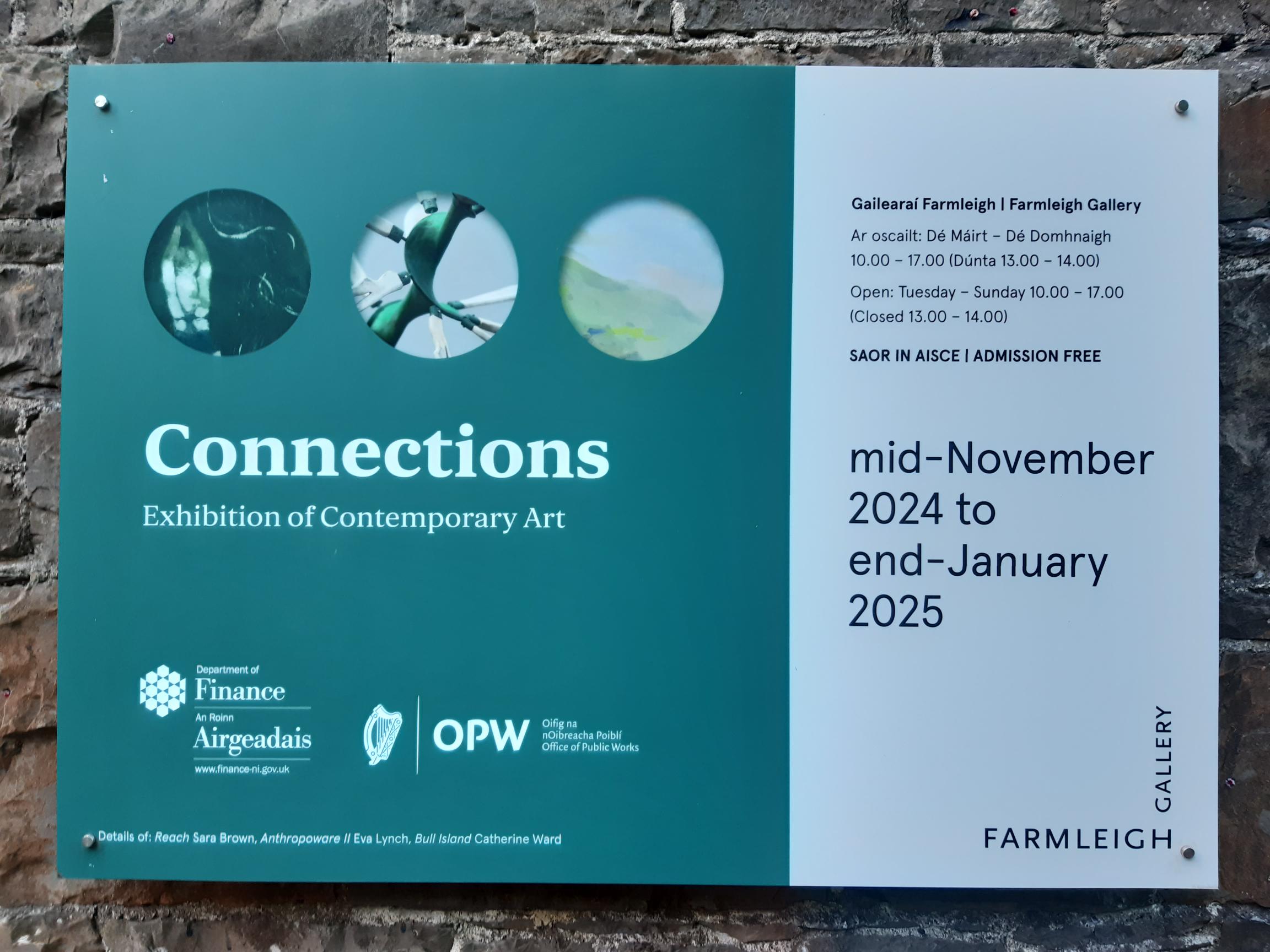 Green & white poster advertising 'Connections,' Contemporary Arts from the OPW State Art Collection and the Northern Ireland Civil Service Collection