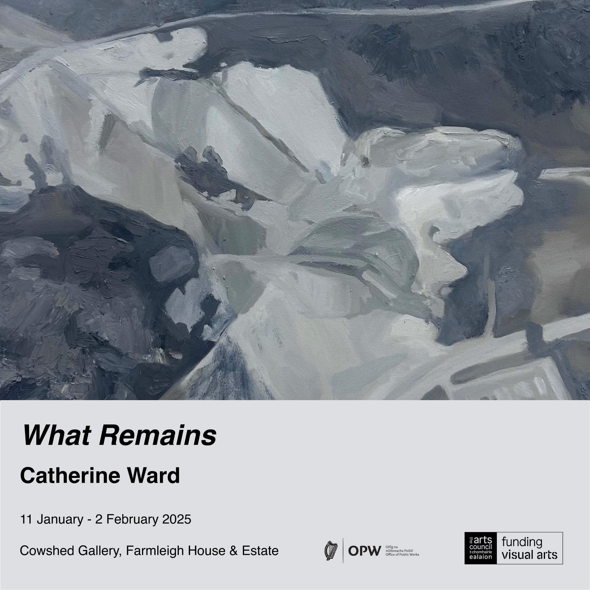 black and white abstract painting advertising 'What Remains' art exhibition in the Cowshed Theatre Farmleigh