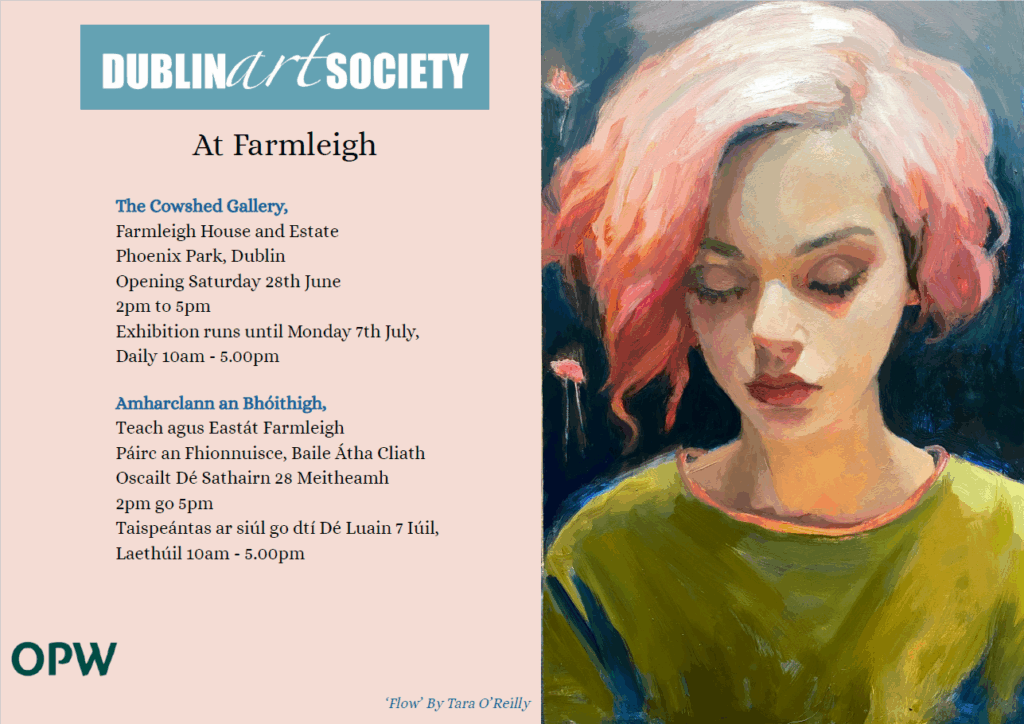 Poster for Dublin Art Society exhibition featuring painted portrait of young woman in green jumper