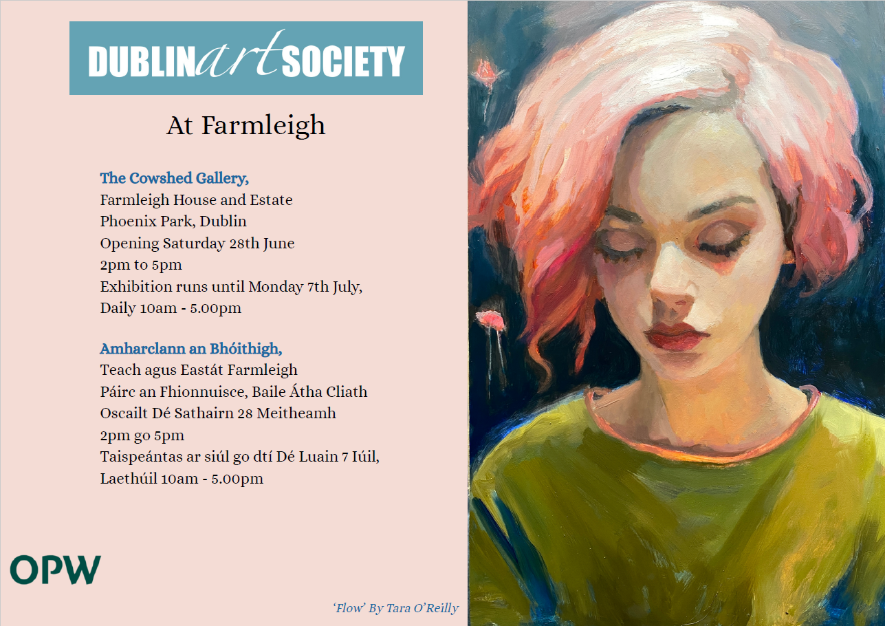 Poster for Dublin Art Society exhibition featuring painted portrait of young woman in green jumper