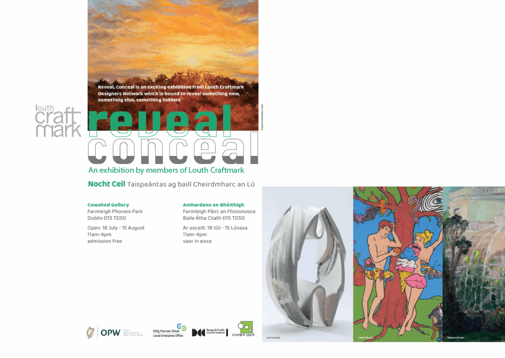 Advertisement for Louth Craft Mark Exhibition featuring sunset painting, ceramic image, Adam and Eve under a tree and a painting of the conservatory at Farmleigh