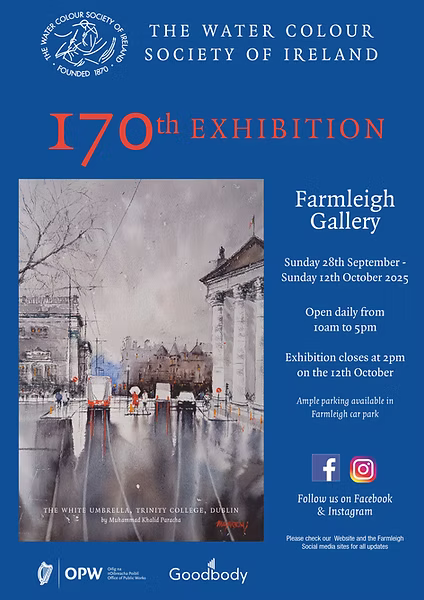 Watercolour of college green on poster for Watercolour Society 170th exhibition