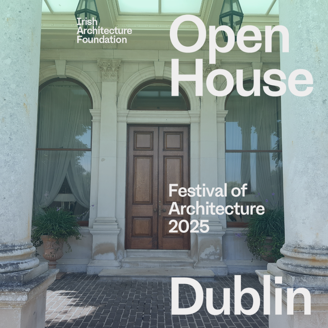 Ad for Open House Festival at Guinness family home Farmleigh featuring wooden door in porch with stone columns
