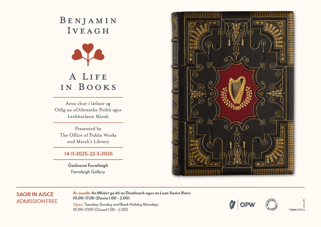 Poster for 'Benjamin Iveagh, A Life in Books' exhibition featuring book with black & red leather binding featuring gold harp and decoration