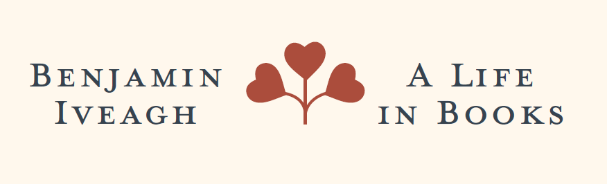 Text saying Benjamin Iveagh, A Life in Books, decorated with red clover-like plant image