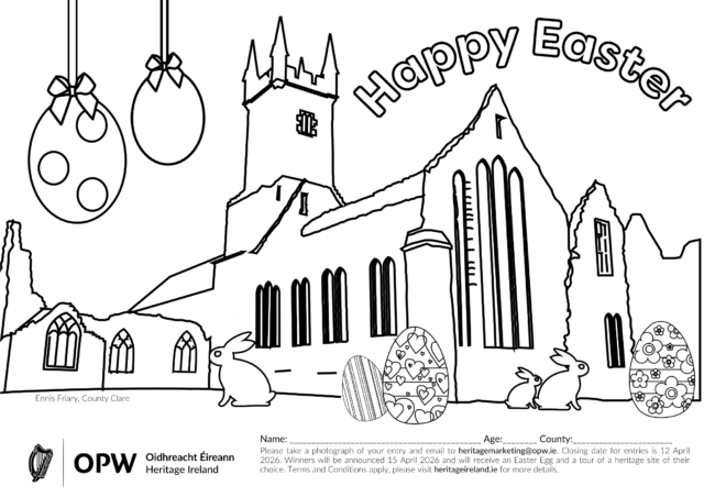 Easter colouring competition; outline of historic abbey and easter eggs to colour in.